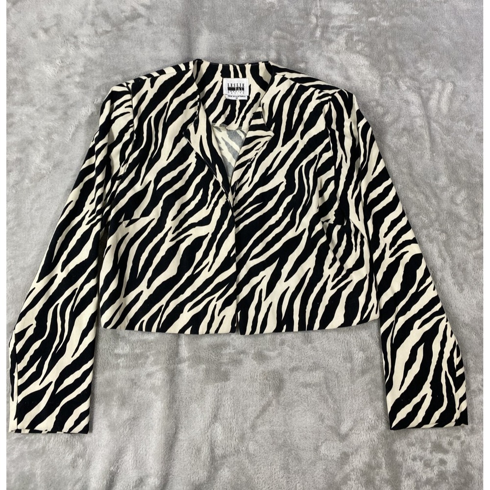 Vintage Leslie Fay Blazer Jacket Women 8 Petite Zebra Animal Print‎ 80s Business